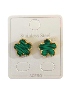 Stainless Steel Small Gold & Green Flower Earrings