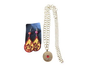 Handmade Red Earrings & Gold Chain Necklace Set